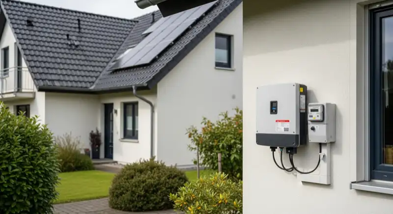 Modern German electrical meter cabinet (Zählerschrank) with smart meter and solar inverter connection, clean technical installation