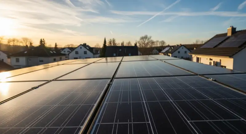 Close-up of photovoltaic solar panels installed on a traditional German Satteldach (gabled roof), blue sky with some clouds