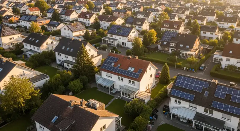 Aerial drone view of typical German residential neighborhood with mixed roof types, red and dark roof tiles, gardens visible, sunny day