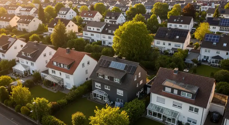 Aerial drone view of typical German residential neighborhood with mixed roof types, red and dark roof tiles, gardens visible, sunny day