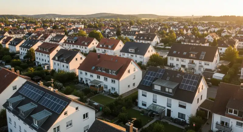 Aerial drone view of typical German residential neighborhood with mixed roof types, red and dark roof tiles, gardens visible, sunny day