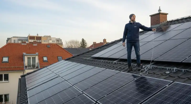 Montage von Photovoltaik-Modulen auf einem Wohnhaus-Dach in Berlin