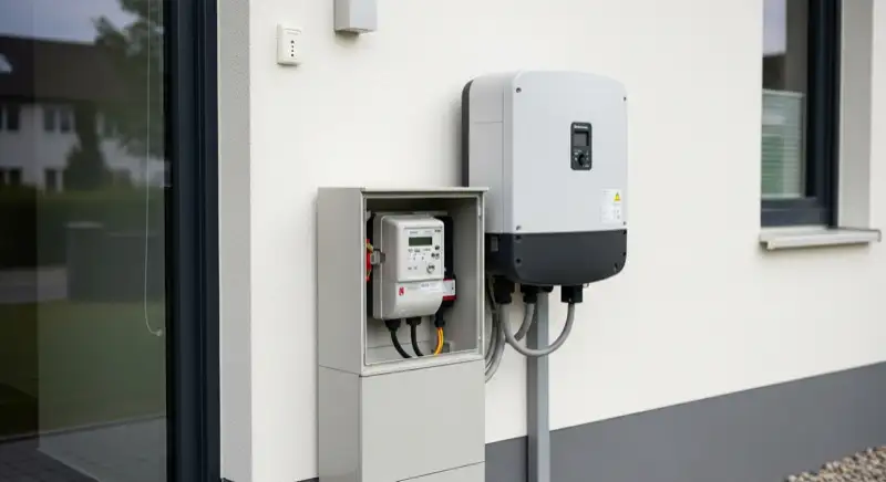 Modern German electrical meter cabinet (Zählerschrank) with smart meter and solar inverter connection, clean technical installation