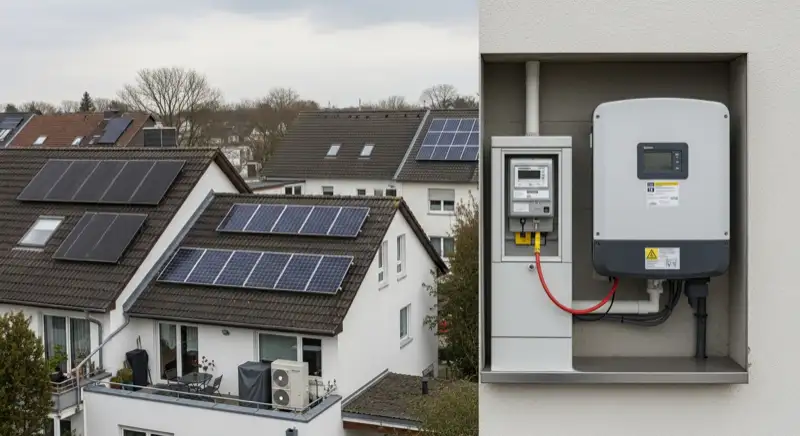 Modern German electrical meter cabinet (Zählerschrank) with smart meter and solar inverter connection, clean technical installation