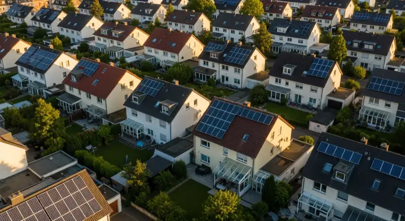 Aerial drone view of typical German residential neighborhood with mixed roof types, red and dark roof tiles, gardens visible, sunny day