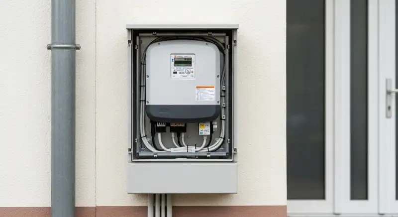 Modern German electrical meter cabinet (Zählerschrank) with smart meter and solar inverter connection, clean technical installation