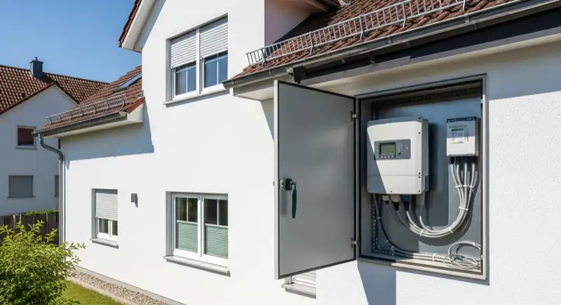 Modern German electrical meter cabinet (Zählerschrank) with smart meter and solar inverter connection, clean technical installation