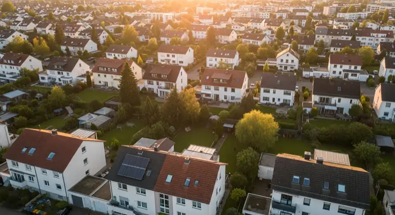 Aerial drone view of typical German residential neighborhood with mixed roof types, red and dark roof tiles, gardens visible, sunny day