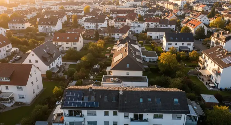 Aerial drone view of typical German residential neighborhood with mixed roof types, red and dark roof tiles, gardens visible, sunny day