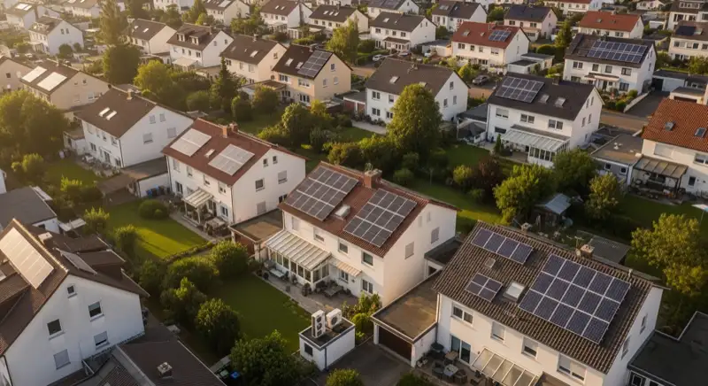 Aerial drone view of typical German residential neighborhood with mixed roof types, red and dark roof tiles, gardens visible, sunny day