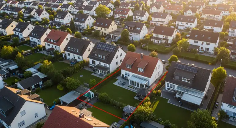 Aerial drone view of typical German residential neighborhood with mixed roof types, red and dark roof tiles, gardens visible, sunny day
