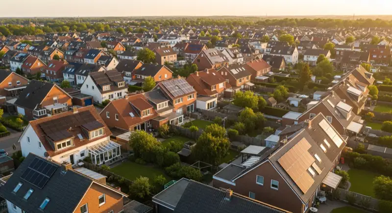 Aerial drone view of typical German residential neighborhood with mixed roof types, red and dark roof tiles, gardens visible, sunny day