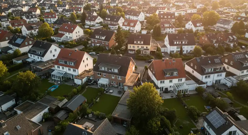 Aerial drone view of typical German residential neighborhood with mixed roof types, red and dark roof tiles, gardens visible, sunny day