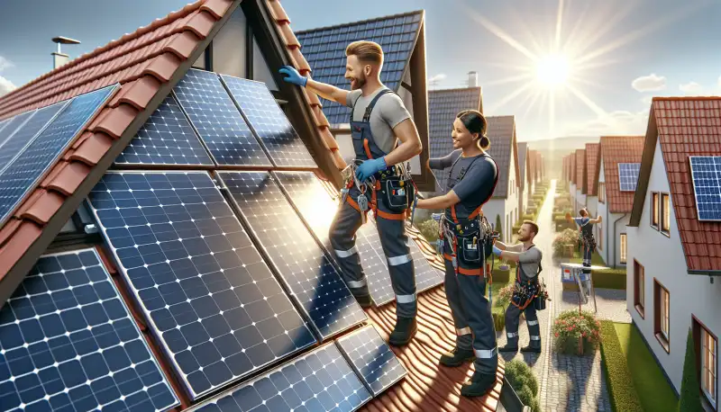 Dachmontage einer PV Anlage auf einem typischen Bochumer Siedlungshaus