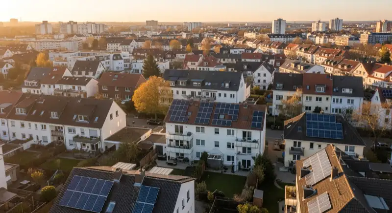 Aerial drone view of typical German residential neighborhood with mixed roof types, red and dark roof tiles, gardens visible, sunny day