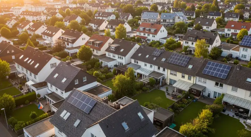 Aerial drone view of typical German residential neighborhood with mixed roof types, red and dark roof tiles, gardens visible, sunny day