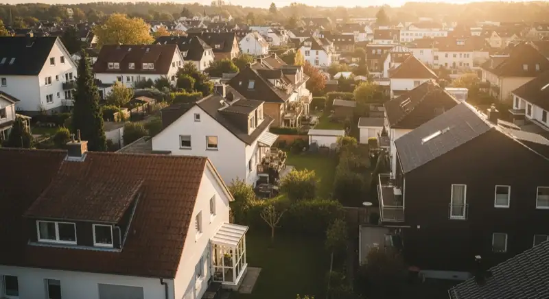 Aerial drone view of typical German residential neighborhood with mixed roof types, red and dark roof tiles, gardens visible, sunny day