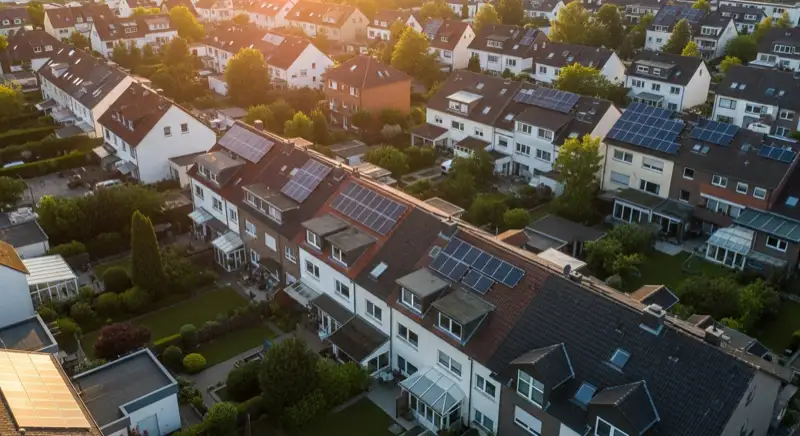 Aerial drone view of typical German residential neighborhood with mixed roof types, red and dark roof tiles, gardens visible, sunny day