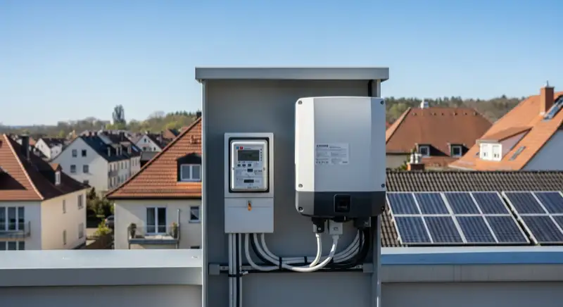 Modern German electrical meter cabinet (Zählerschrank) with smart meter and solar inverter connection, clean technical installation