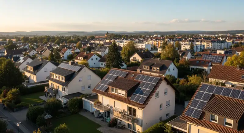 Aerial drone view of typical German residential neighborhood with mixed roof types, red and dark roof tiles, gardens visible, sunny day