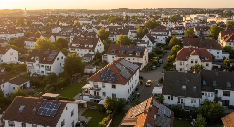 Aerial drone view of typical German residential neighborhood with mixed roof types, red and dark roof tiles, gardens visible, sunny day