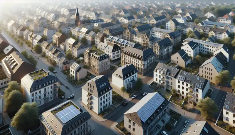 Luftaufnahme Bonner Wohnviertel mit verschiedenen Dachtypen und Solaranlagen