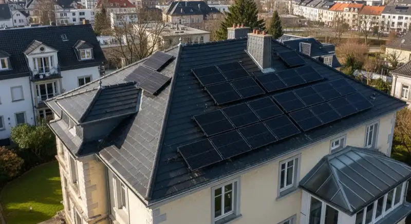 Historische Villa in Bad Godesberg mit dezent integrierter schwarzer PV-Anlage auf dem Seitendach
