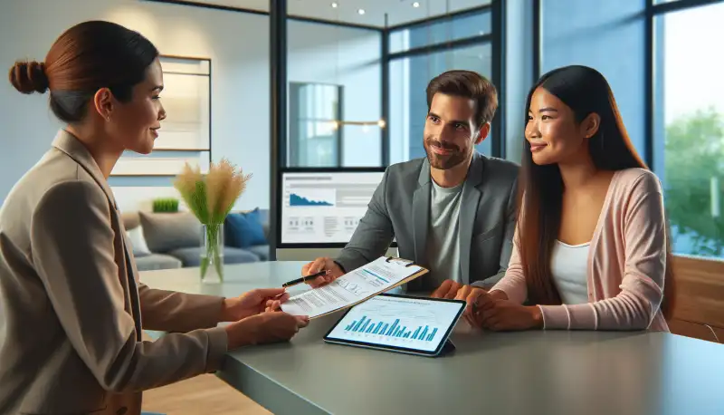 Energieberater zeigt Bonner Familie PV Angebote und Förderunterlagen