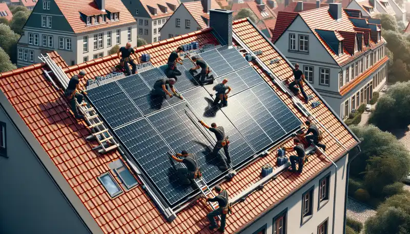 Nahaufnahme Solarmodule auf einem Bonner Dach bei der Installation