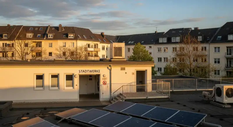 Blick auf das Stadtwerke-Gebäude in Bonn mit Service-Eingang, lokale Versorgeratmosphäre