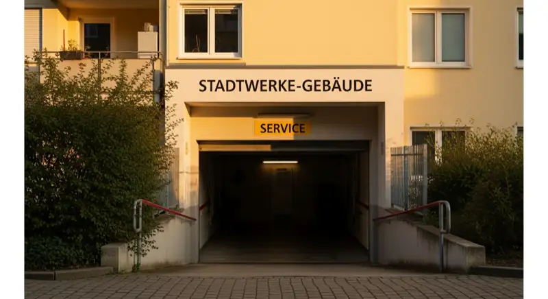 Blick auf das Stadtwerke-Gebäude in Bonn mit Service-Eingang, lokale Versorgeratmosphäre