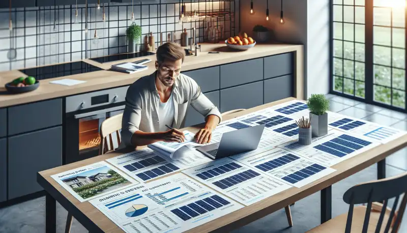 Hauseigentümer vergleicht PV Angebote am Küchentisch, Unterlagen und Laptop
