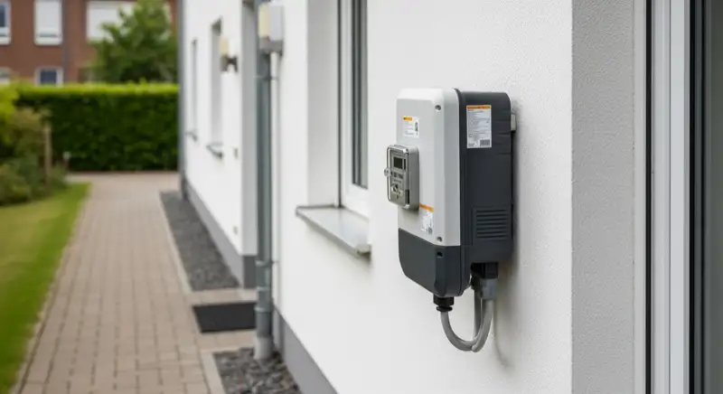 Modern German electrical meter cabinet (Zählerschrank) with smart meter and solar inverter connection, clean technical installation
