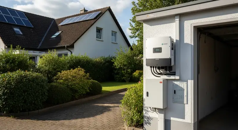 Modern solar inverter mounted on garage wall next to electrical panel, clean professional installation, natural daylight
