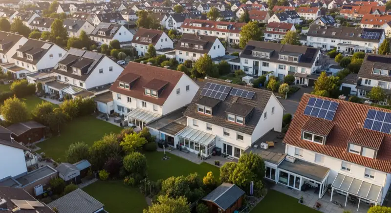 Aerial drone view of typical German residential neighborhood with mixed roof types, red and dark roof tiles, gardens visible, sunny day
