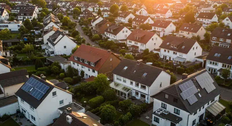 Aerial drone view of typical German residential neighborhood with mixed roof types, red and dark roof tiles, gardens visible, sunny day