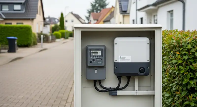 Modern German electrical meter cabinet (Zählerschrank) with smart meter and solar inverter connection, clean technical installation