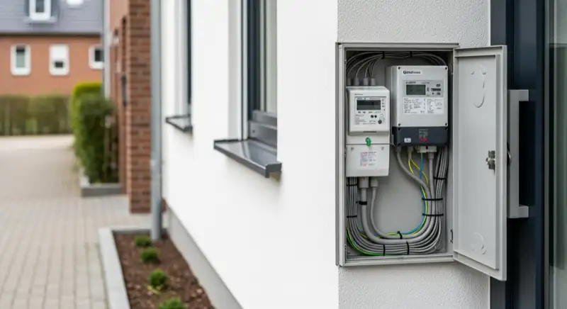 Modern German electrical meter cabinet (Zählerschrank) with smart meter and solar inverter connection, clean technical installation