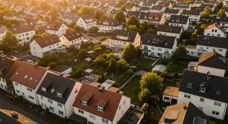 Aerial drone view of typical German residential neighborhood with mixed roof types, red and dark roof tiles, gardens visible, sunny day