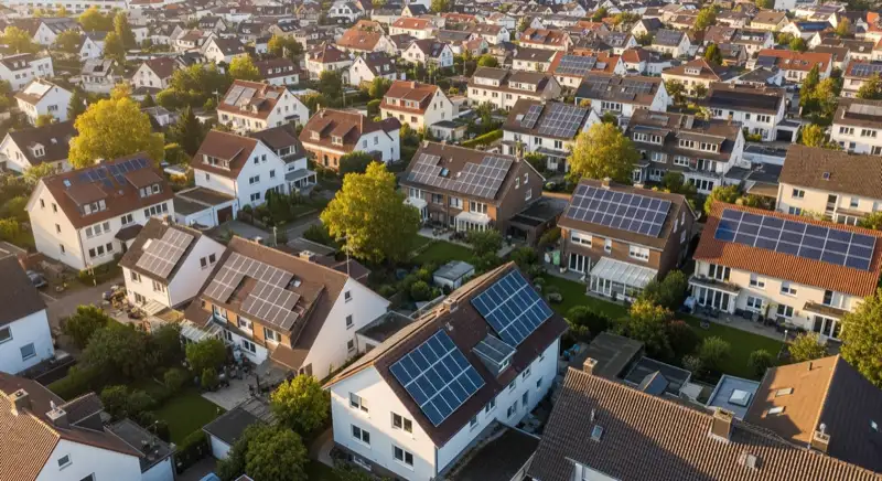 Aerial drone view of typical German residential neighborhood with mixed roof types, red and dark roof tiles, gardens visible, sunny day