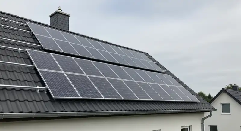 Aerial drone view of typical German residential neighborhood with mixed roof types, red and dark roof tiles, gardens visible, sunny day