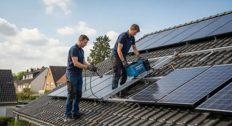 Zwei Installateure montieren PV-Module auf einem Bremer Einfamilienhaus-Dach mit aufgebautem Gerüst