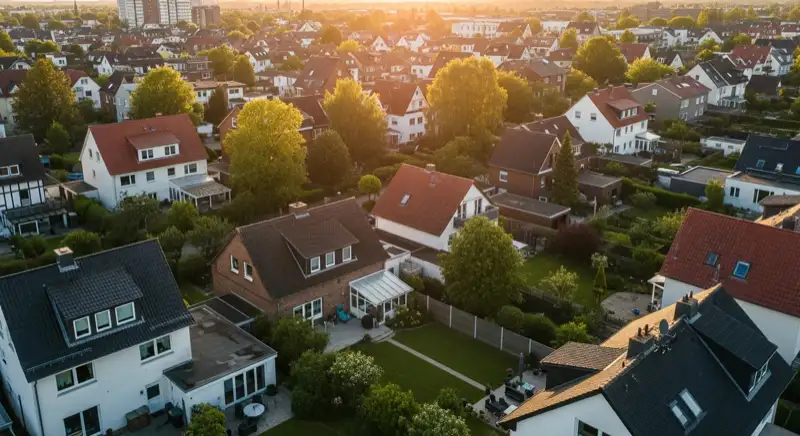 Aerial drone view of typical German residential neighborhood with mixed roof types, red and dark roof tiles, gardens visible, sunny day
