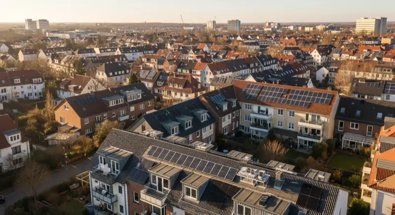 Aerial drone view of typical German residential neighborhood with mixed roof types, red and dark roof tiles, gardens visible, sunny day