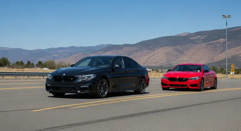 Aerial drone view of typical German residential neighborhood with mixed roof types, red and dark roof tiles, gardens visible, sunny day