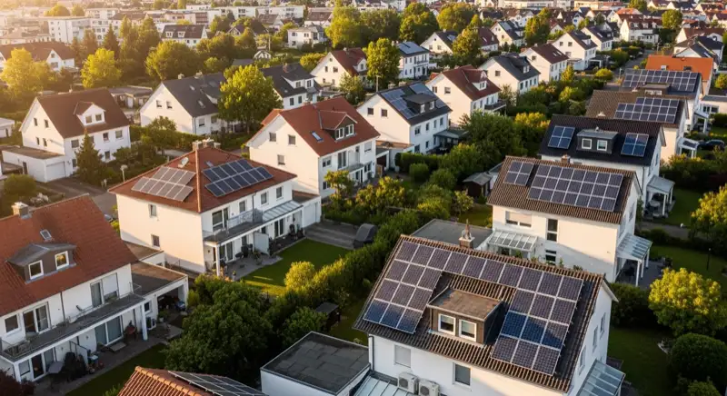 Aerial drone view of typical German residential neighborhood with mixed roof types, red and dark roof tiles, gardens visible, sunny day
