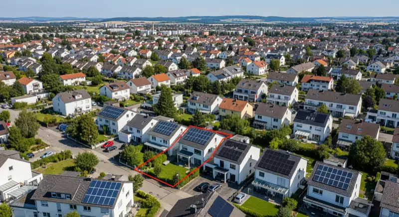 Luftaufnahme eines Bruchsaler Wohngebiets mit verschiedenen Häusertypen und Solaranlagen auf den Dächern