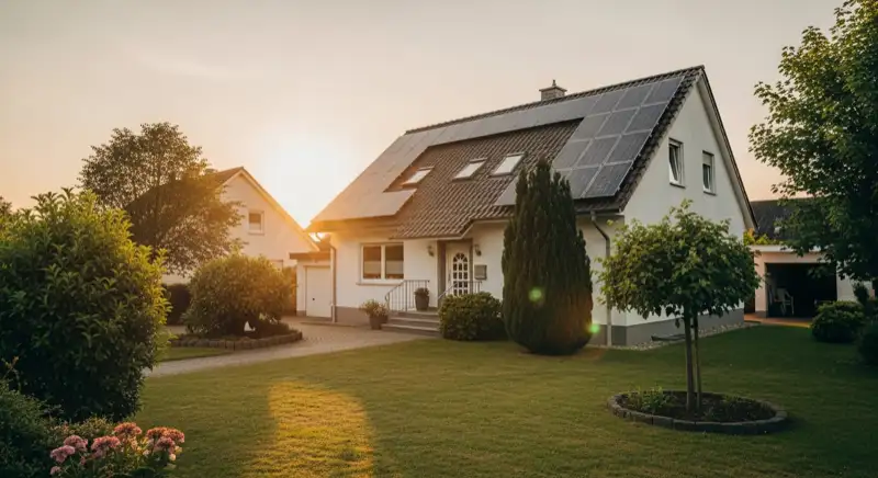 German detached house (Einfamilienhaus) with photovoltaic panels on pitched roof, well-maintained garden, warm afternoon sunlight