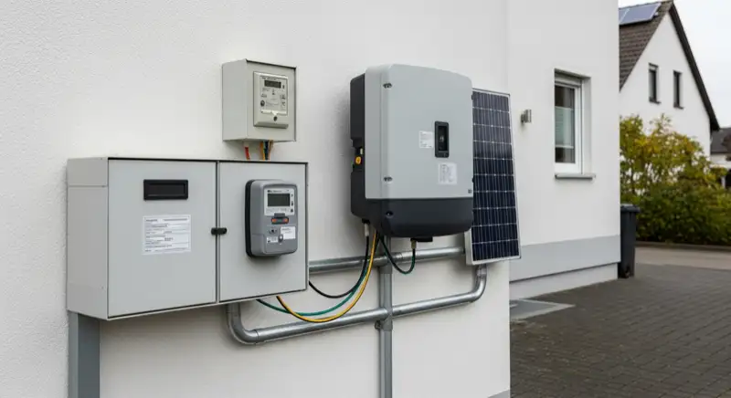 Modern German electrical meter cabinet (Zählerschrank) with smart meter and solar inverter connection, clean technical installation