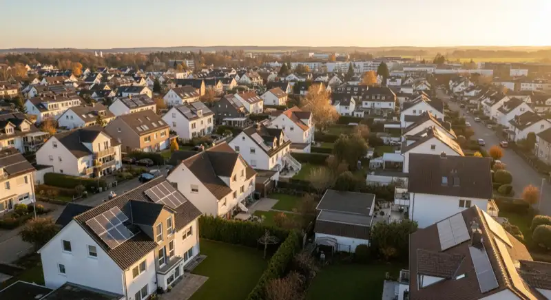 Aerial drone view of typical German residential neighborhood with mixed roof types, red and dark roof tiles, gardens visible, sunny day